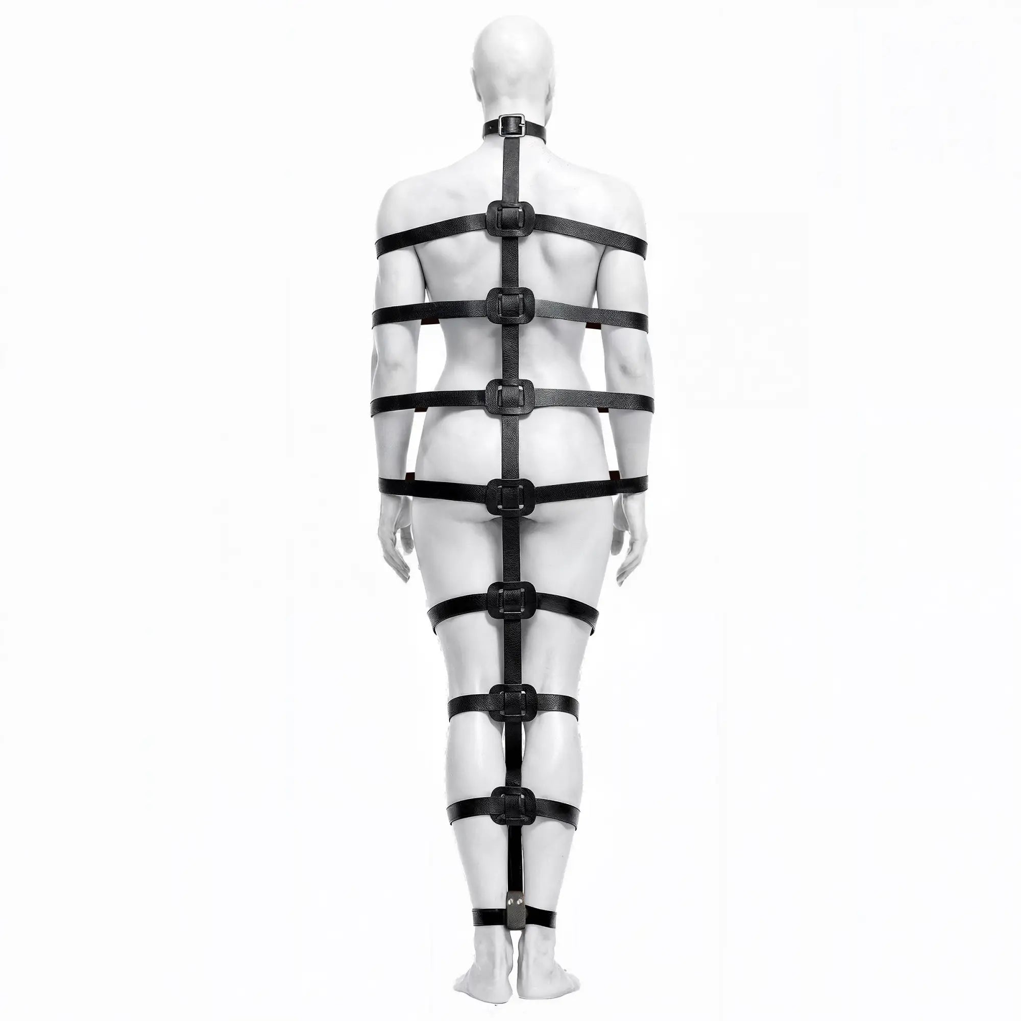 Master Series Backbone Full Body Harness: a black leather spine strap with horizontal bands and buckles on a mannequin.