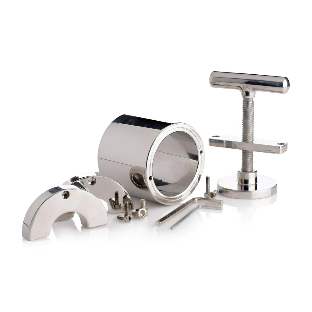 Master Series The Ball Press Chamber: Polished silver metal press tool with cylinder, screw handle, and assembly parts.