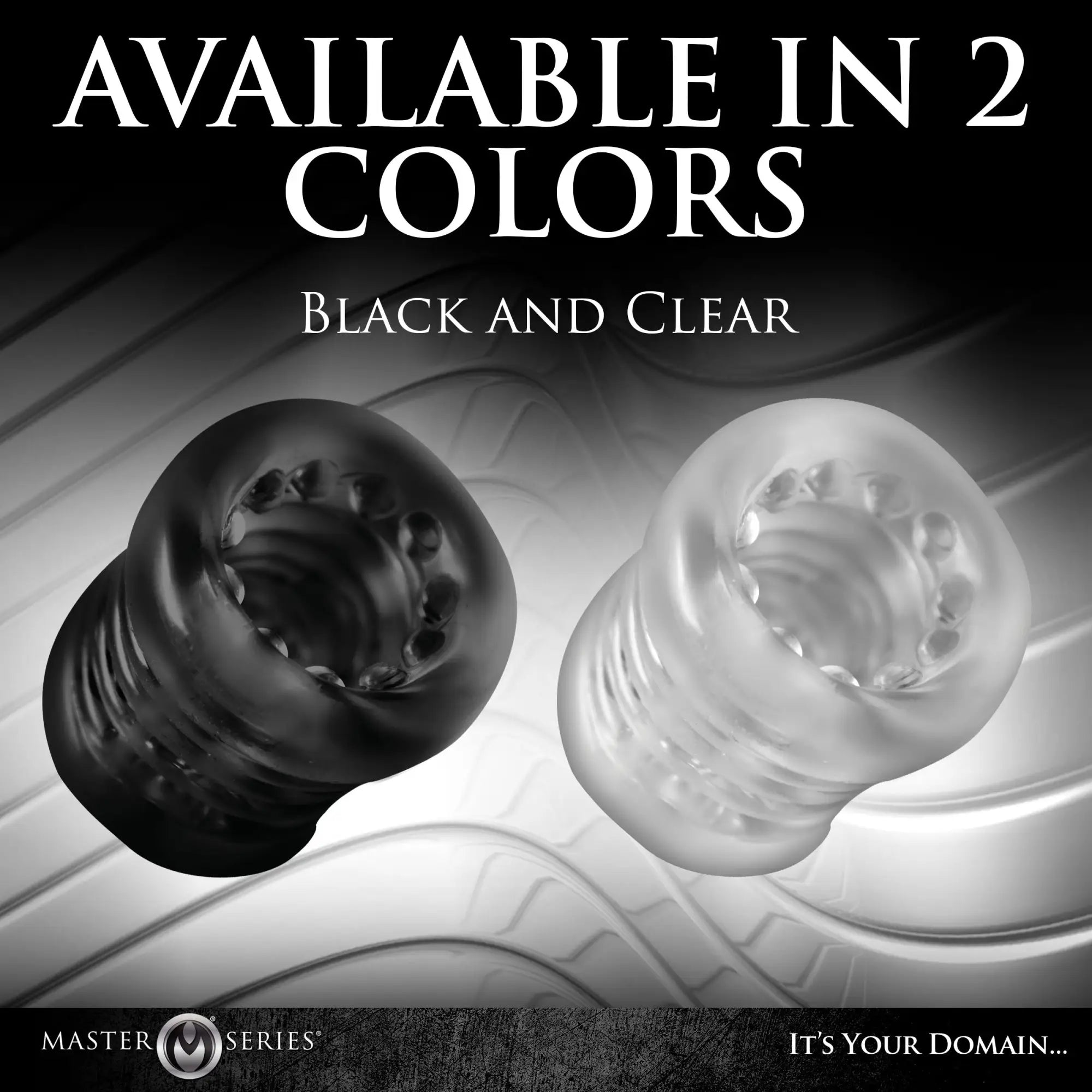 Master Series Ball Stack ball stretchers in black and clear. Ribbed, cylindrical silicone design side-by-side.