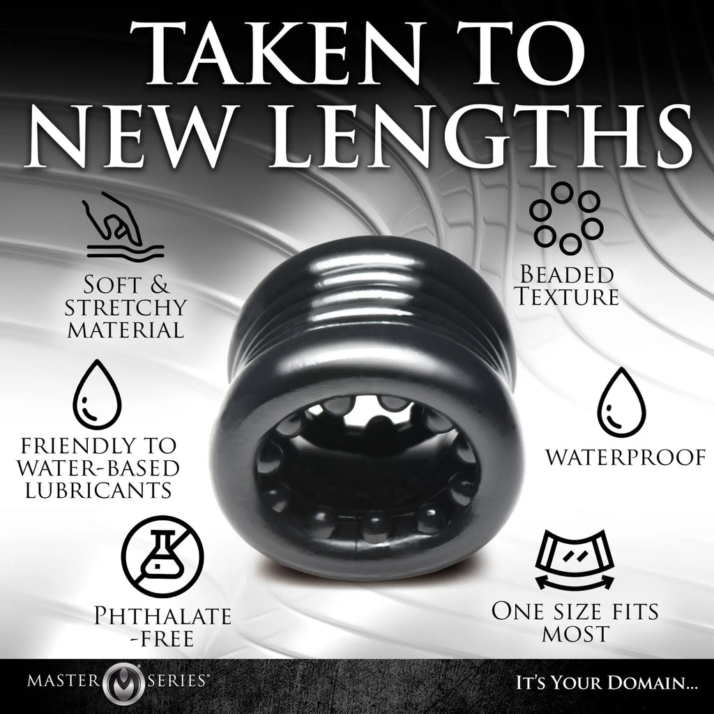 Black Master Series Ball Stack stretcher, a cylindrical, ribbed silicone ring with interior beaded texture.