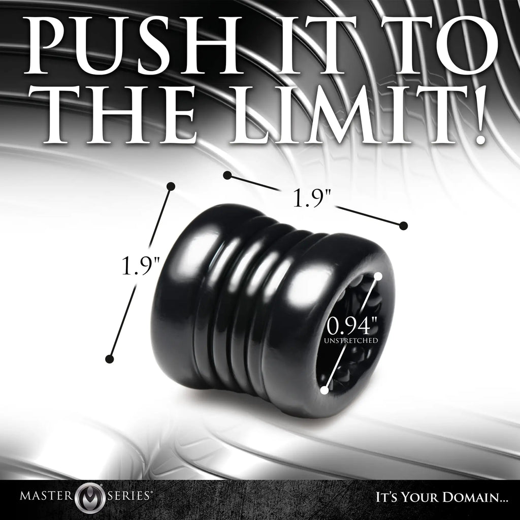 Master Series Ball Stack: a black, ribbed, cylindrical silicone ball stretcher with dimension labels on a metallic background.