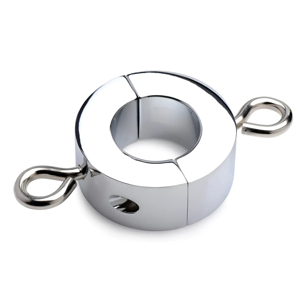 Master Series silver chrome-plated metal ball stretcher with a circular two-piece design and side attachment loops.