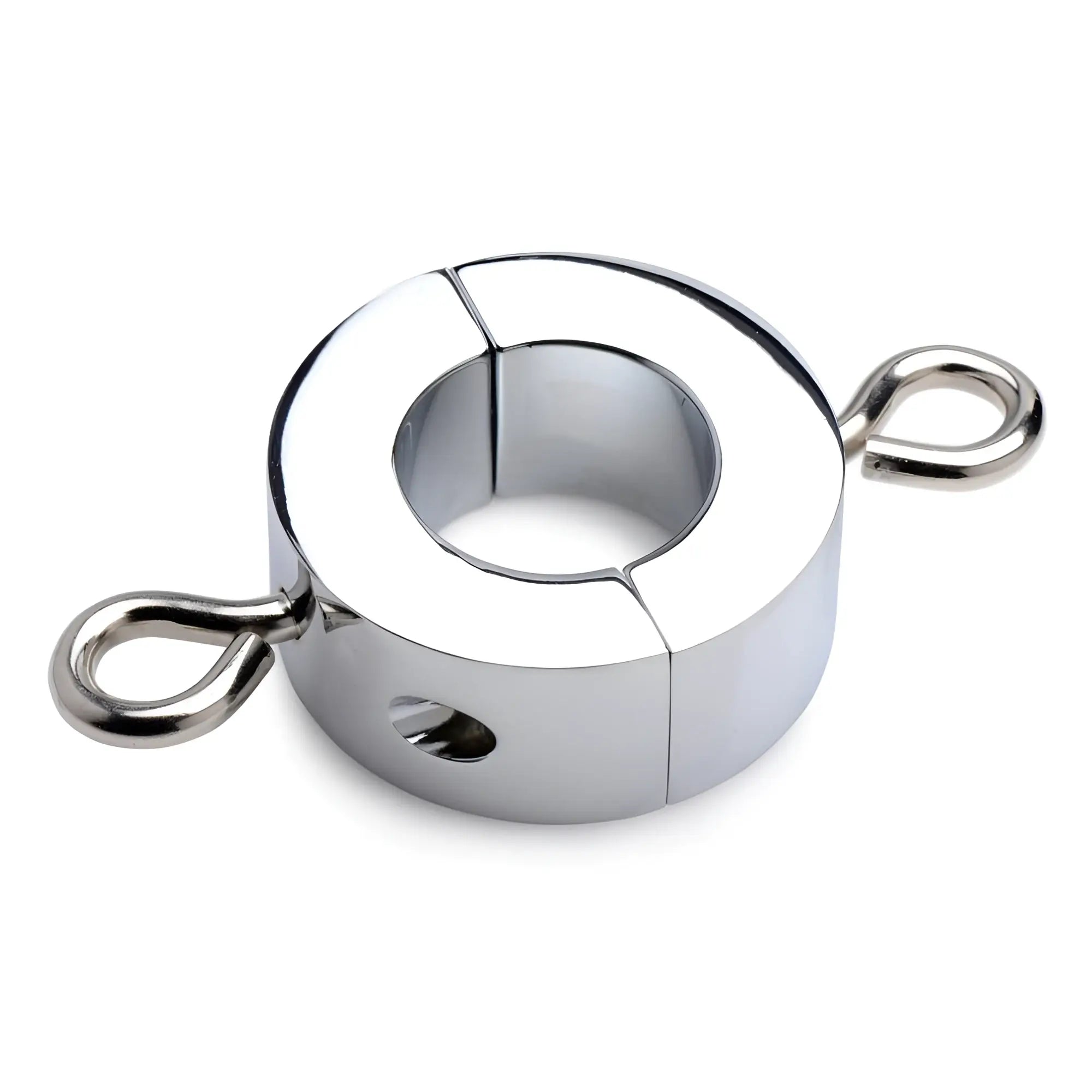 Master Series silver chrome-plated metal ball stretcher with a circular two-piece design and side attachment loops.