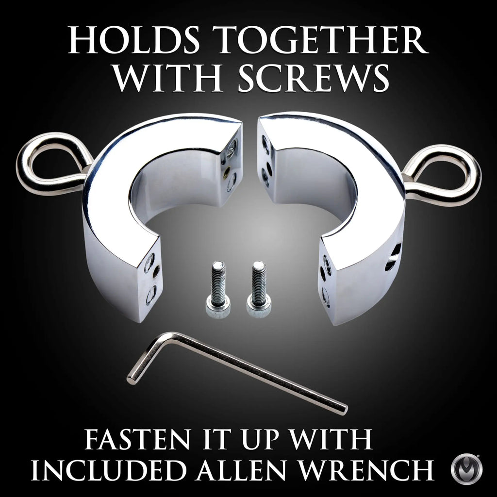 Master Series Ball Strap metal ball stretcher in chrome, showing two halves, screws, and an Allen wrench.