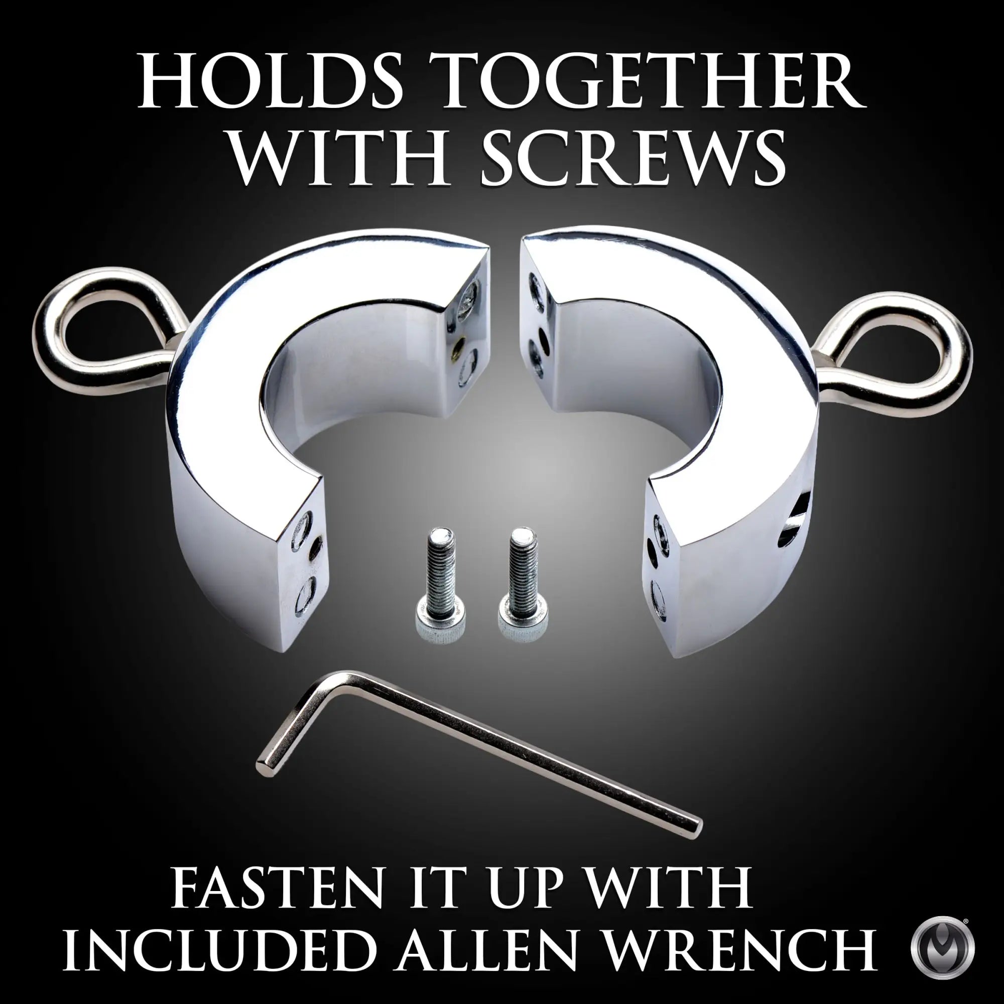 Master Series Ball Strap metal ball stretcher in chrome, showing two halves, screws, and an Allen wrench.