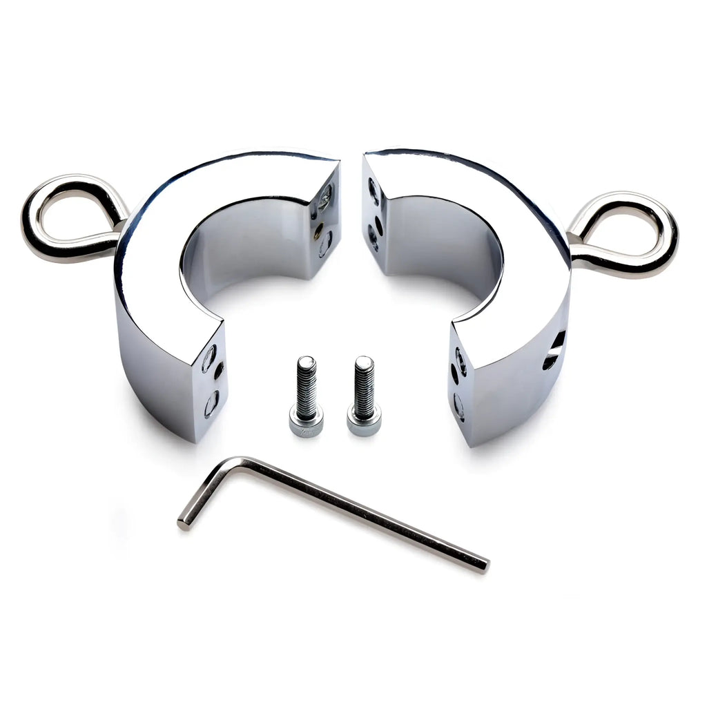 Master Series Ball Strap metal ball stretcher: two chrome half-circles with eyelets, two screws, and an Allen key.