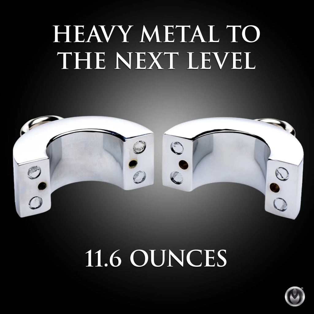 Master Series Ball Strap: Two shiny, chrome-finished metal semi-circle pieces shown against a black background.
