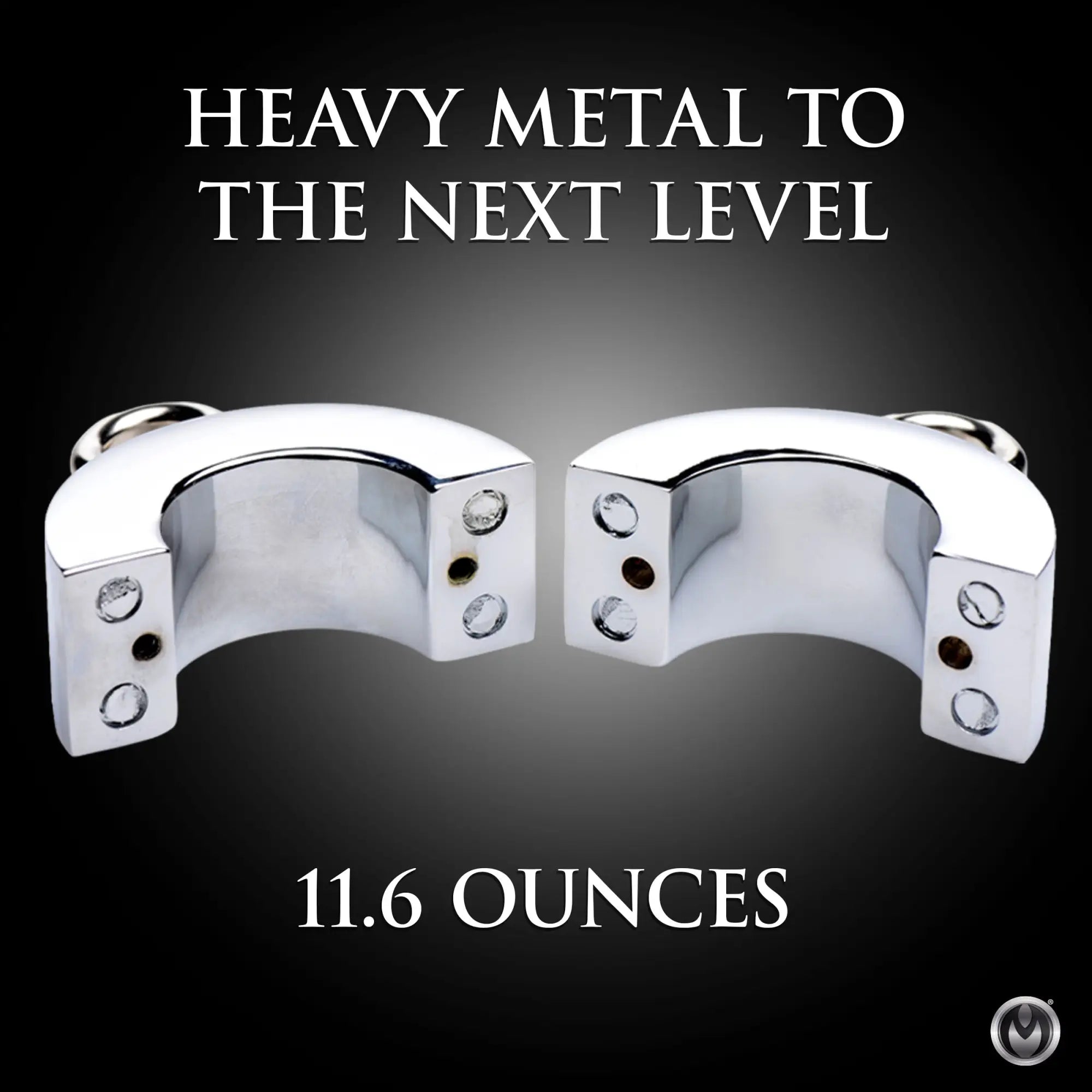 Master Series Ball Strap: Two shiny, chrome-finished metal semi-circle pieces shown against a black background.
