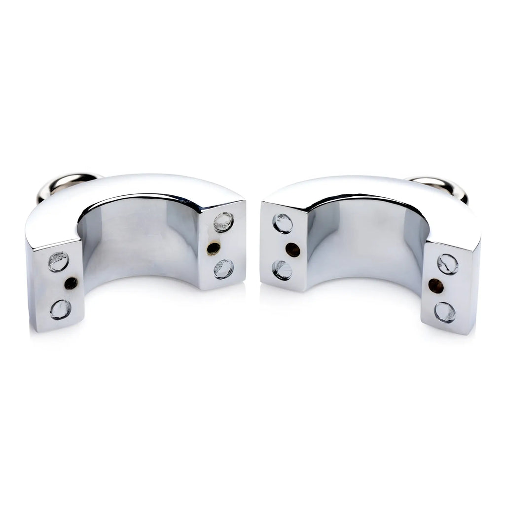 Master Series Ball Strap: Two polished chrome, C-shaped metal pieces with screw holes on a white background.