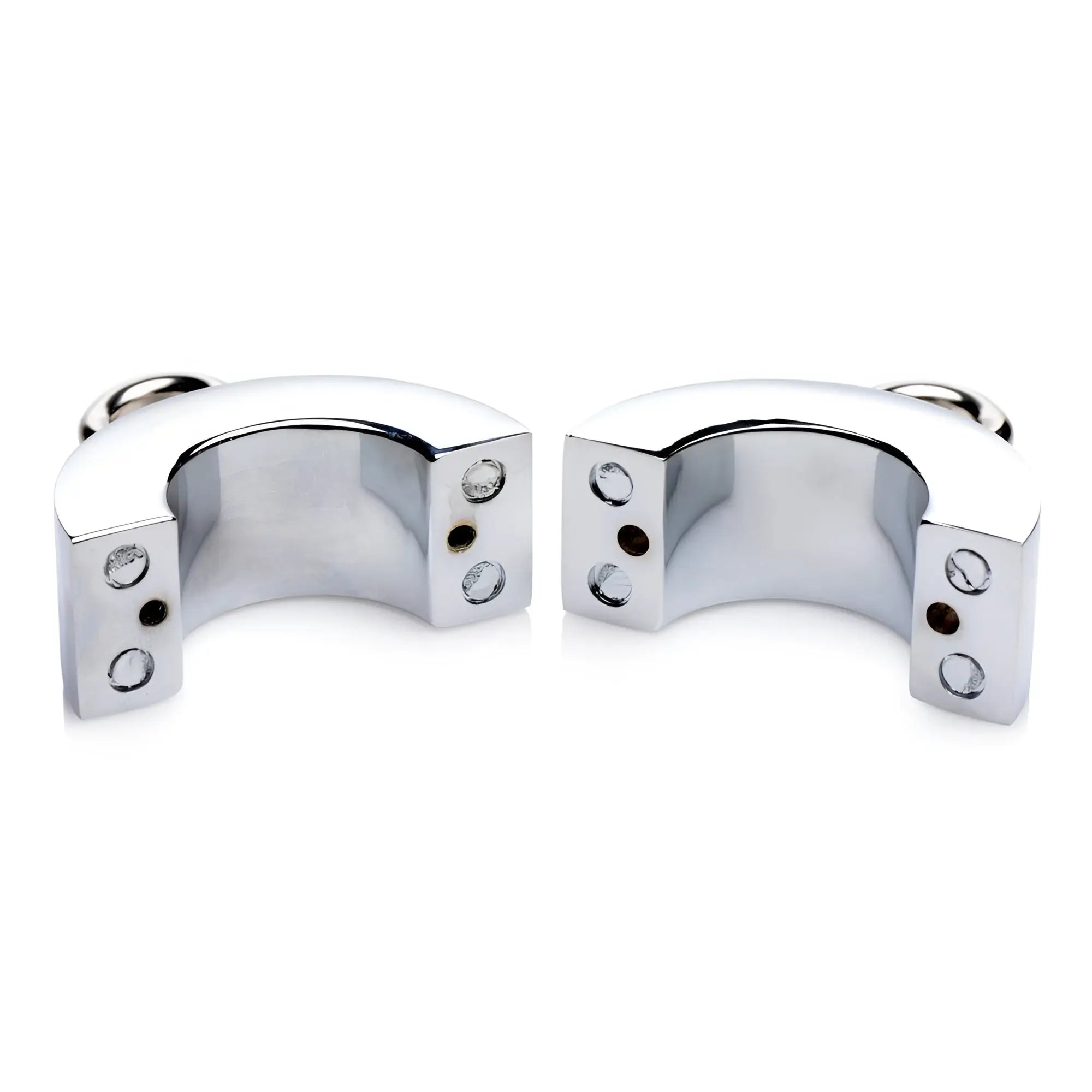 Master Series Ball Strap: Two polished chrome, C-shaped metal pieces with screw holes on a white background.