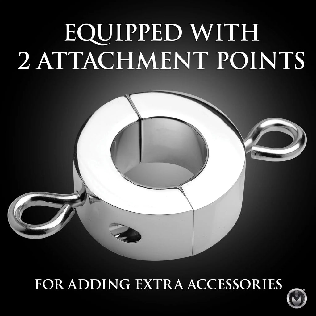 Master Series Ball Strap metal ball stretcher: A silver, hinged ring with two side attachment loops on a black background.