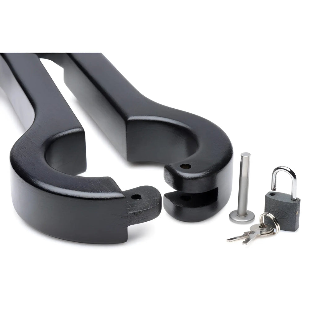 Master Series Balls to Wrist Humbler: A black metal restraint device with a locking pin, padlock, and two keys.