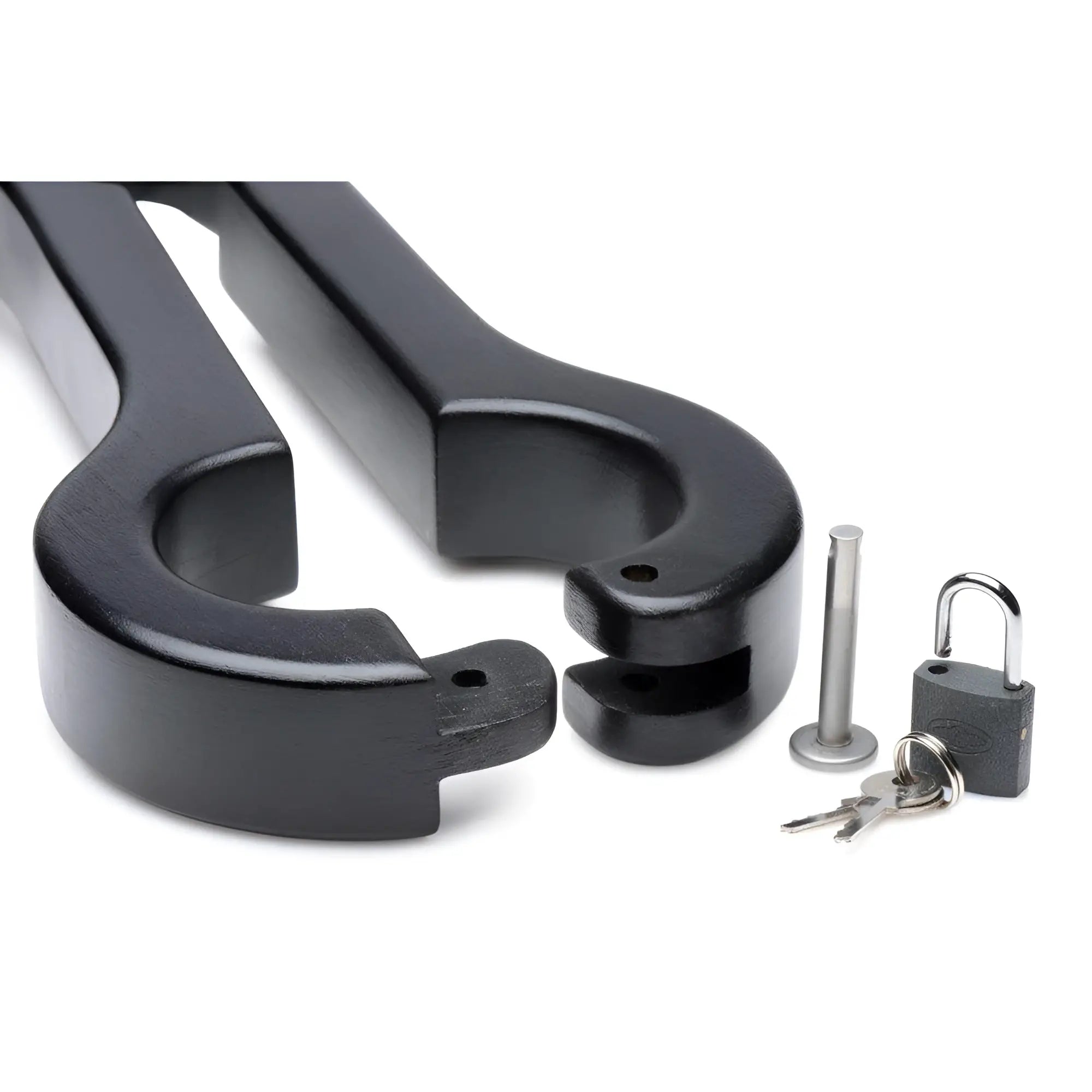 Master Series Balls to Wrist Humbler: A black metal restraint device with a locking pin, padlock, and two keys.