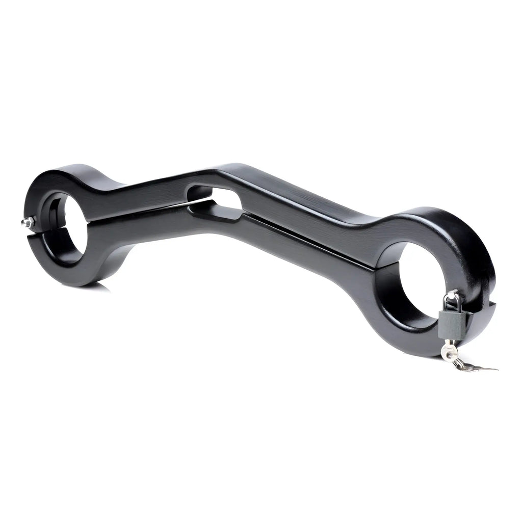 Master Series black wooden balls to wrist humbler, a rigid, hinged restraint bar secured with a metal padlock.