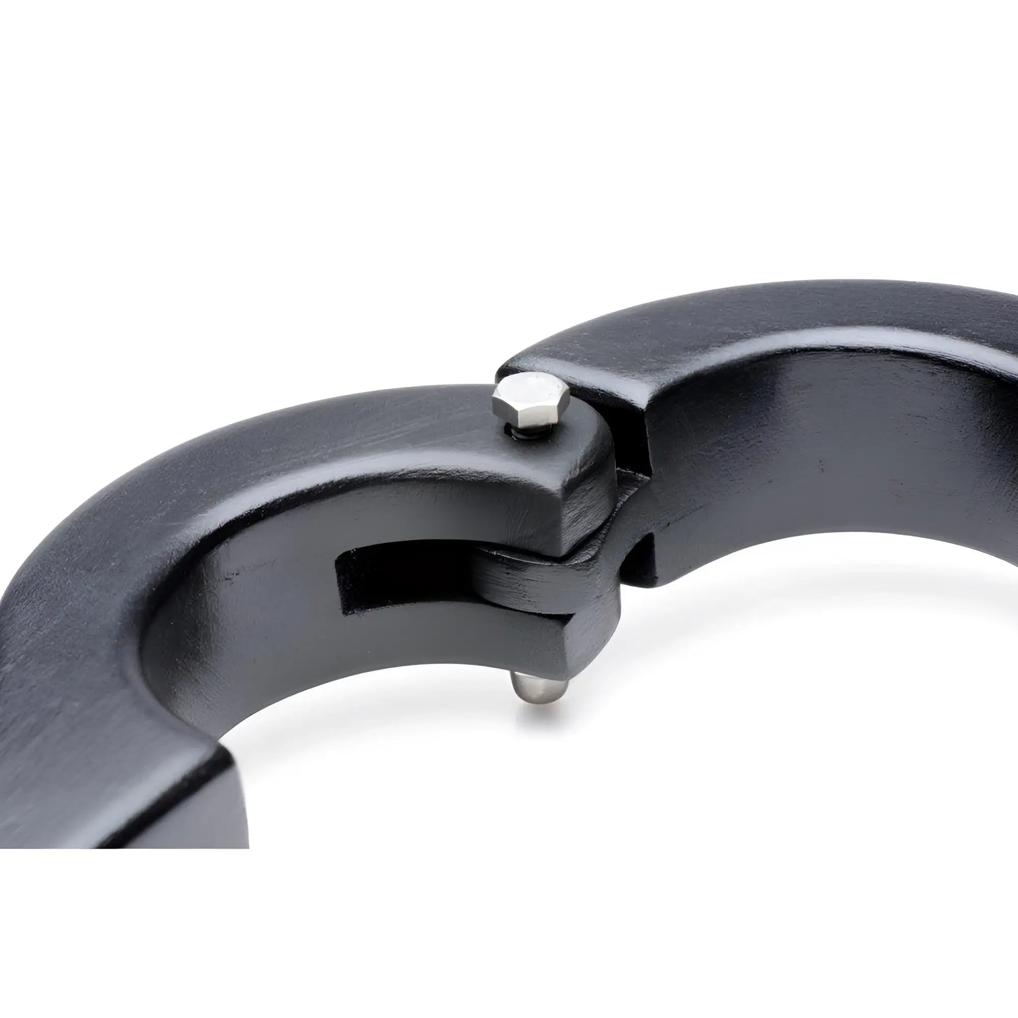 Master Series Balls to Wrist Humbler: A close-up of a black, curved metal restraint with a silver hinge and bolt.