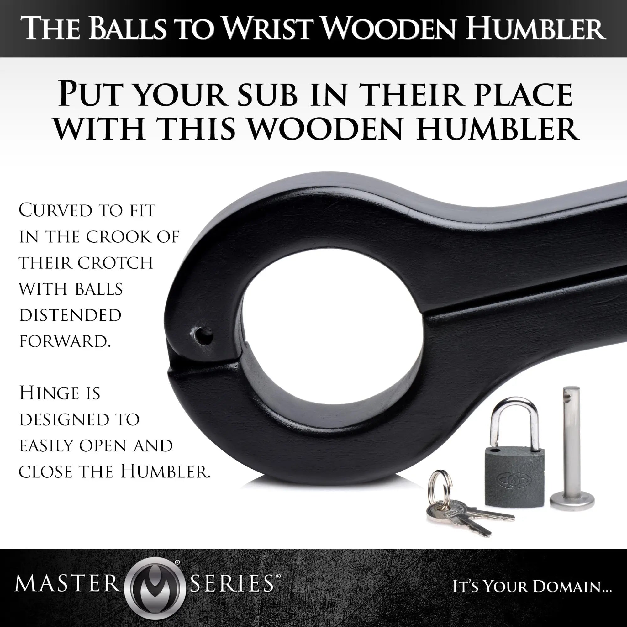 Master Series Balls to Wrist Humbler: A black, hinged wooden restraint device with an included padlock and metal pin.