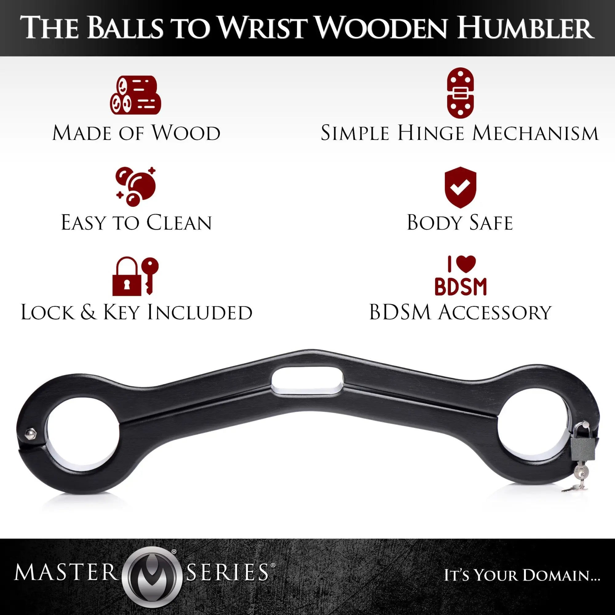 Master Series black wooden balls-to-wrist humbler with hinge, lock and key, shown with feature icons and text.