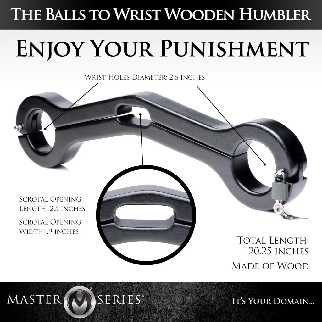 Master Series wooden black balls-to-wrist humbler with two wrist cuffs and a central scrotal opening.