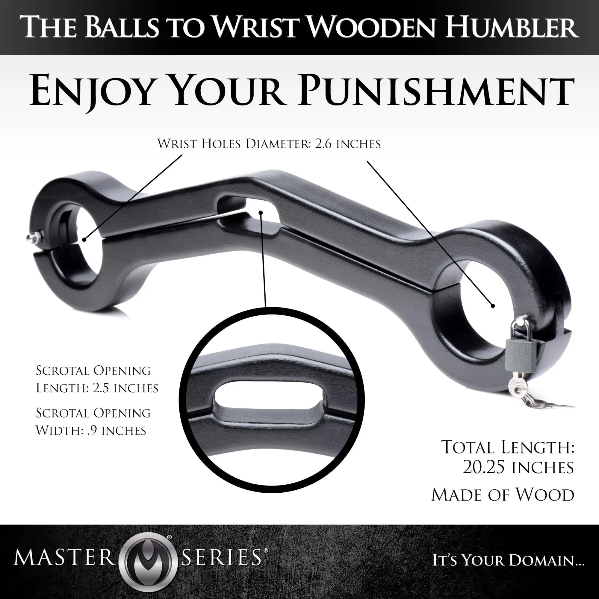 Master Series wooden black balls-to-wrist humbler with two wrist cuffs and a central scrotal opening.
