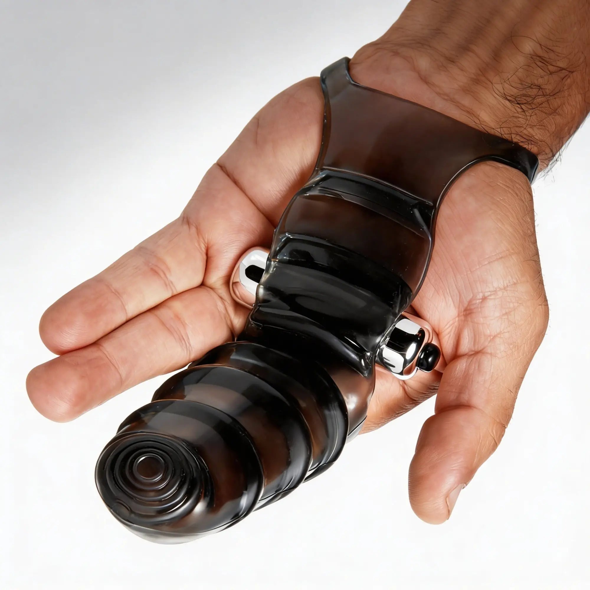 Master Series Bang Bang P-Spot Vibrating Finger Glove: A translucent black silicone finger attachment on a palm base.