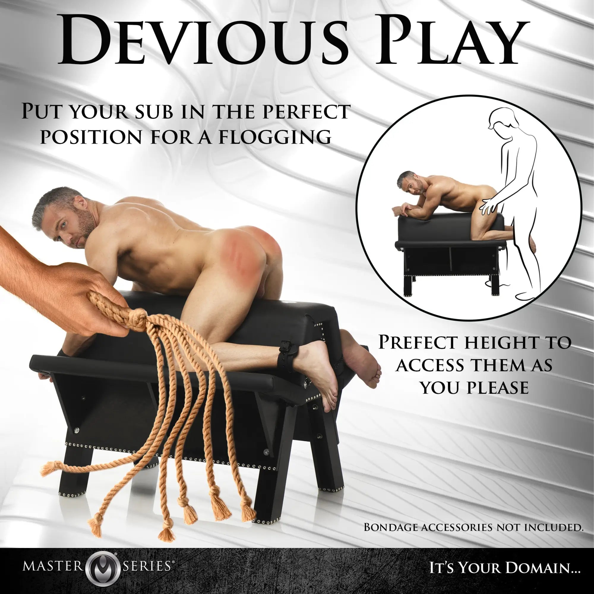 Master Series Bareback Submission Horse: black padded leather bench designed for BDSM, shown with a person in position.