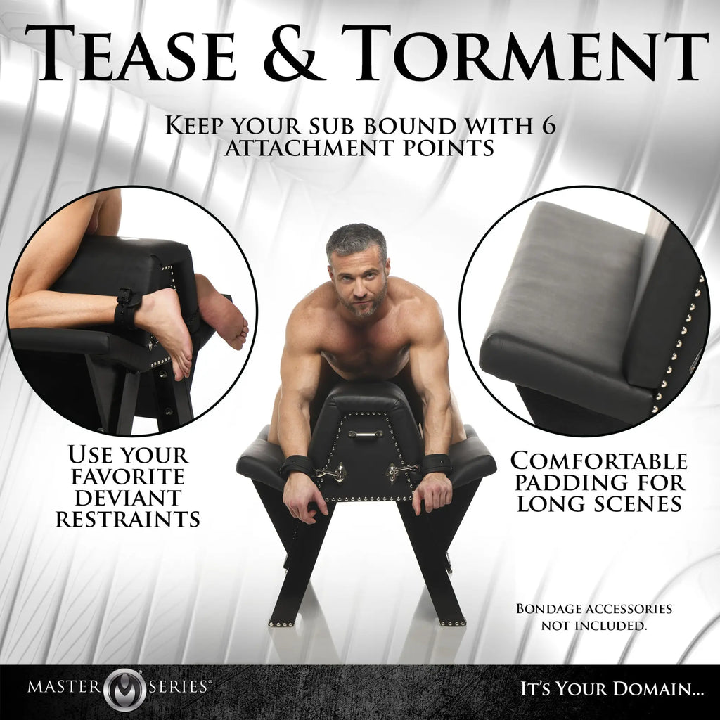 Master Series Bareback Submission Horse: Black padded restraint bench with metal attachment points and a shirtless man.