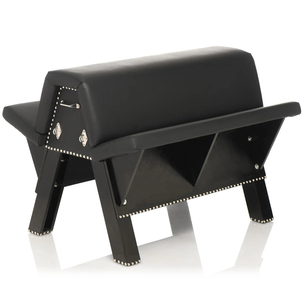 Master Series Bareback Submission Horse: Black padded leather horse with metal D-rings and silver studded trim.