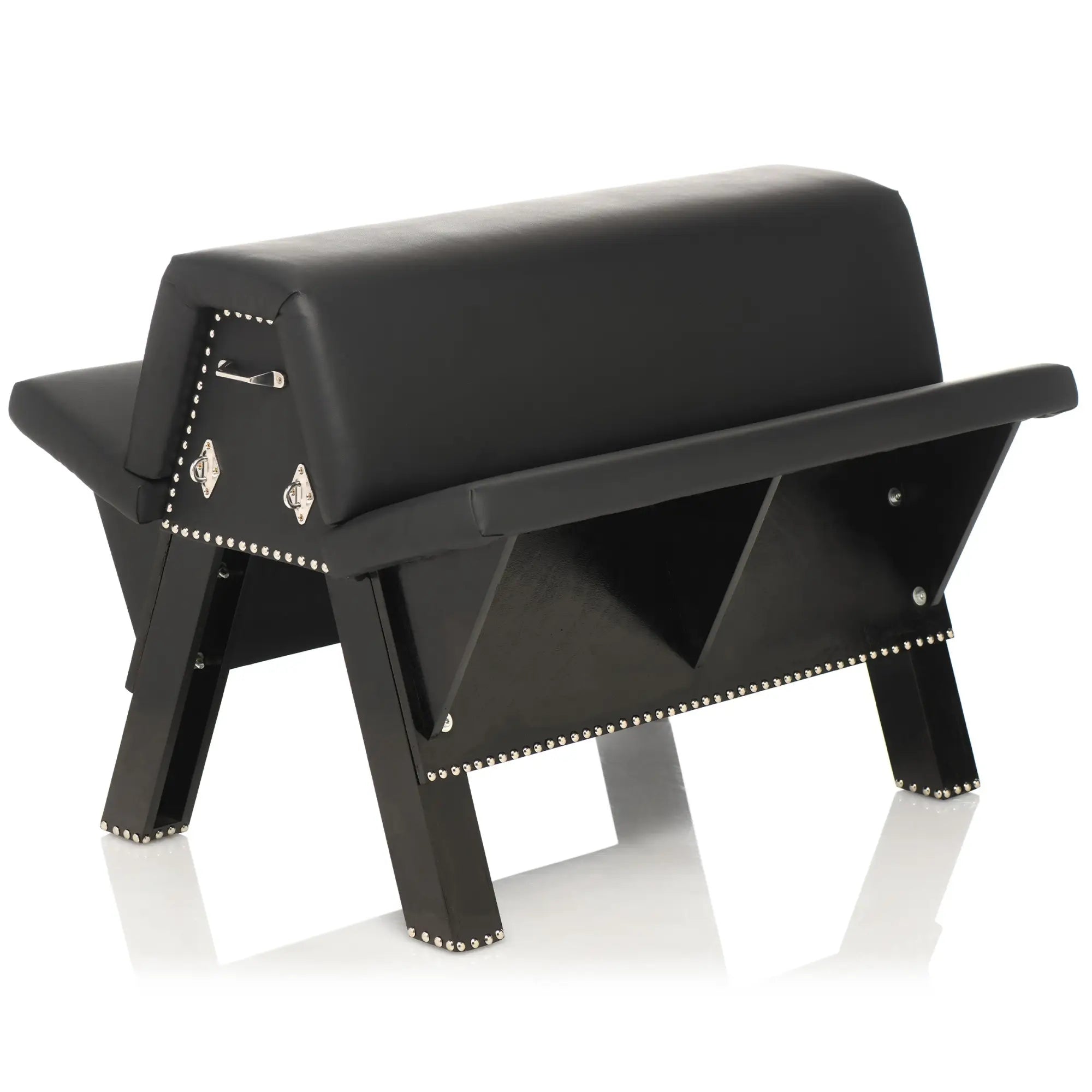 Master Series Bareback Submission Horse: Black padded leather horse with metal D-rings and silver studded trim.