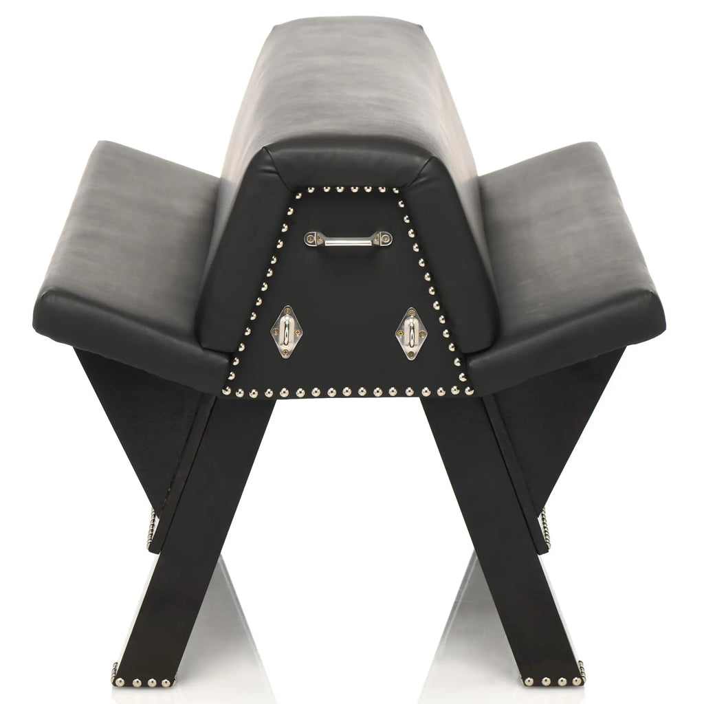 Master Series Bareback Submission Horse: Black leather ergonomic frame with silver stud trim and metal hardware.