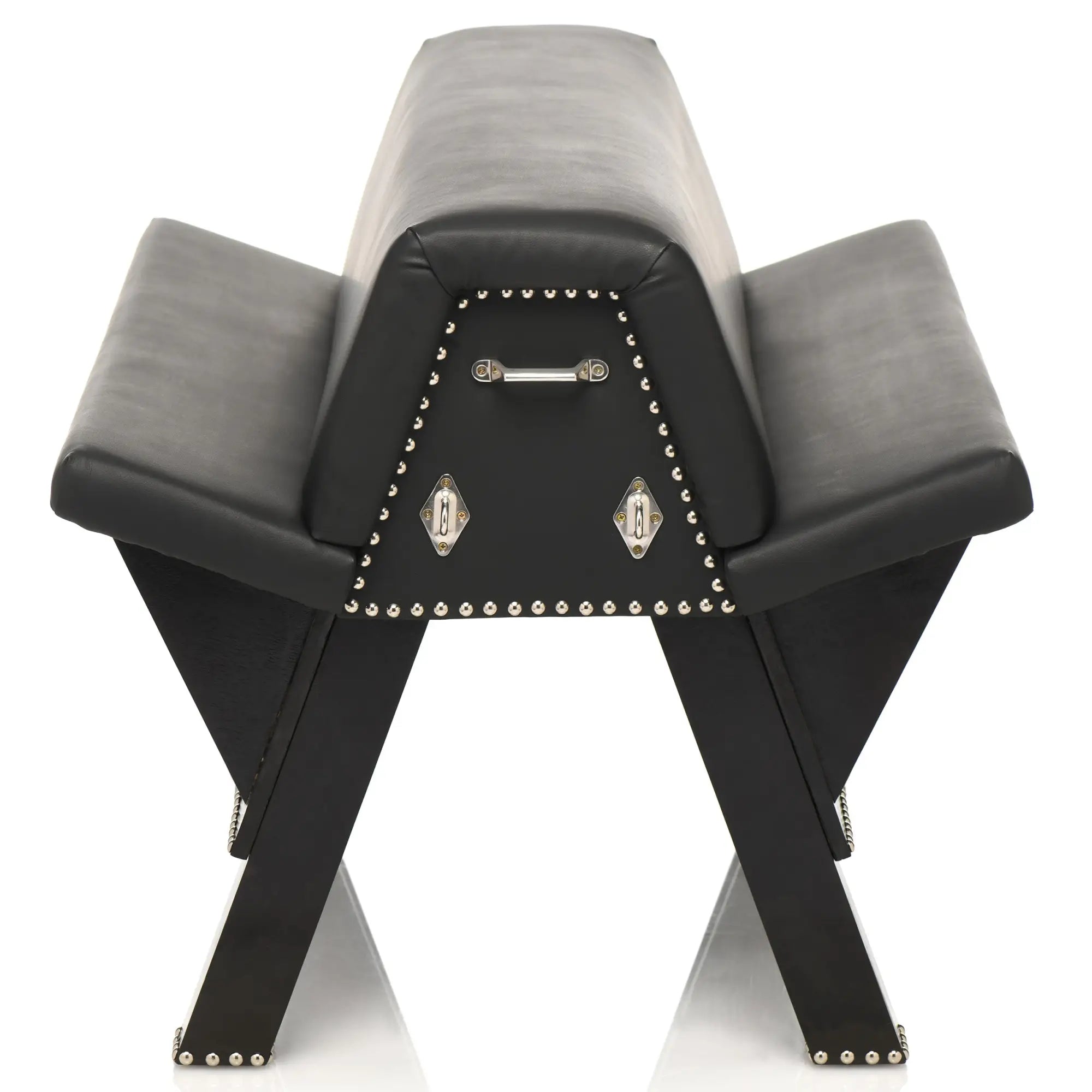 Master Series Bareback Submission Horse: Black leather ergonomic frame with silver stud trim and metal hardware.