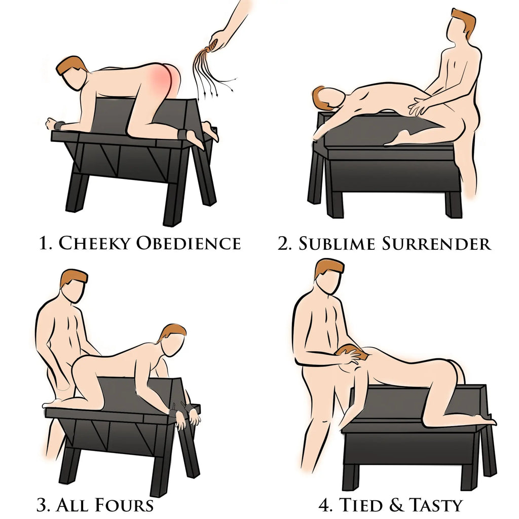 Master Series Bareback Submission Horse: Illustrated guide showing a black wooden bench used in four sexual positions.