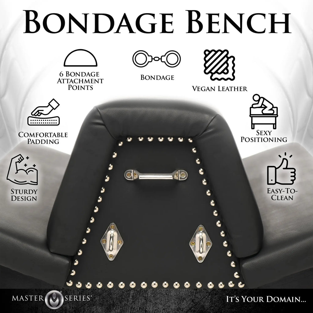 Master Series Bareback Submission Horse: Black padded bench with silver stud accents, metal handle, and D-ring mounts.