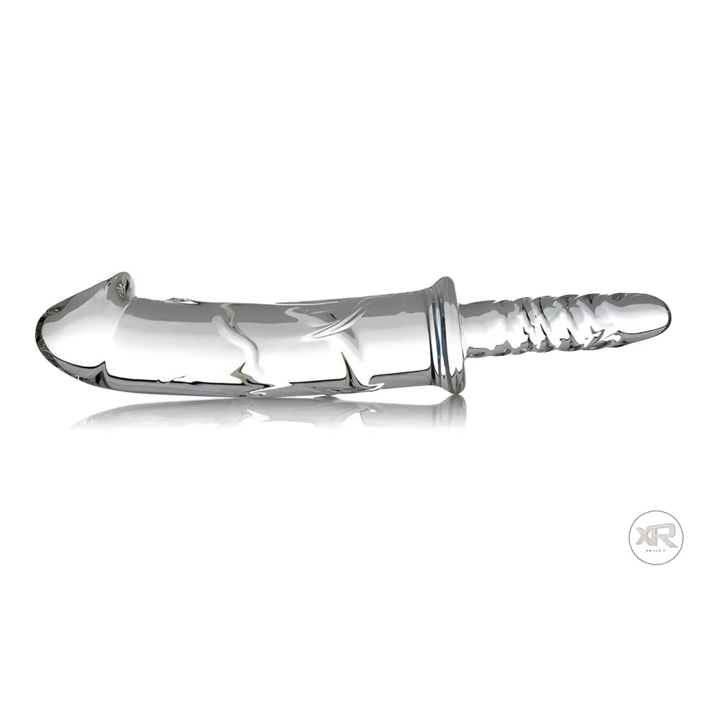 Master Series Battle Rammer: A clear, phallic glass thruster with textured detailing and a flared base on white.