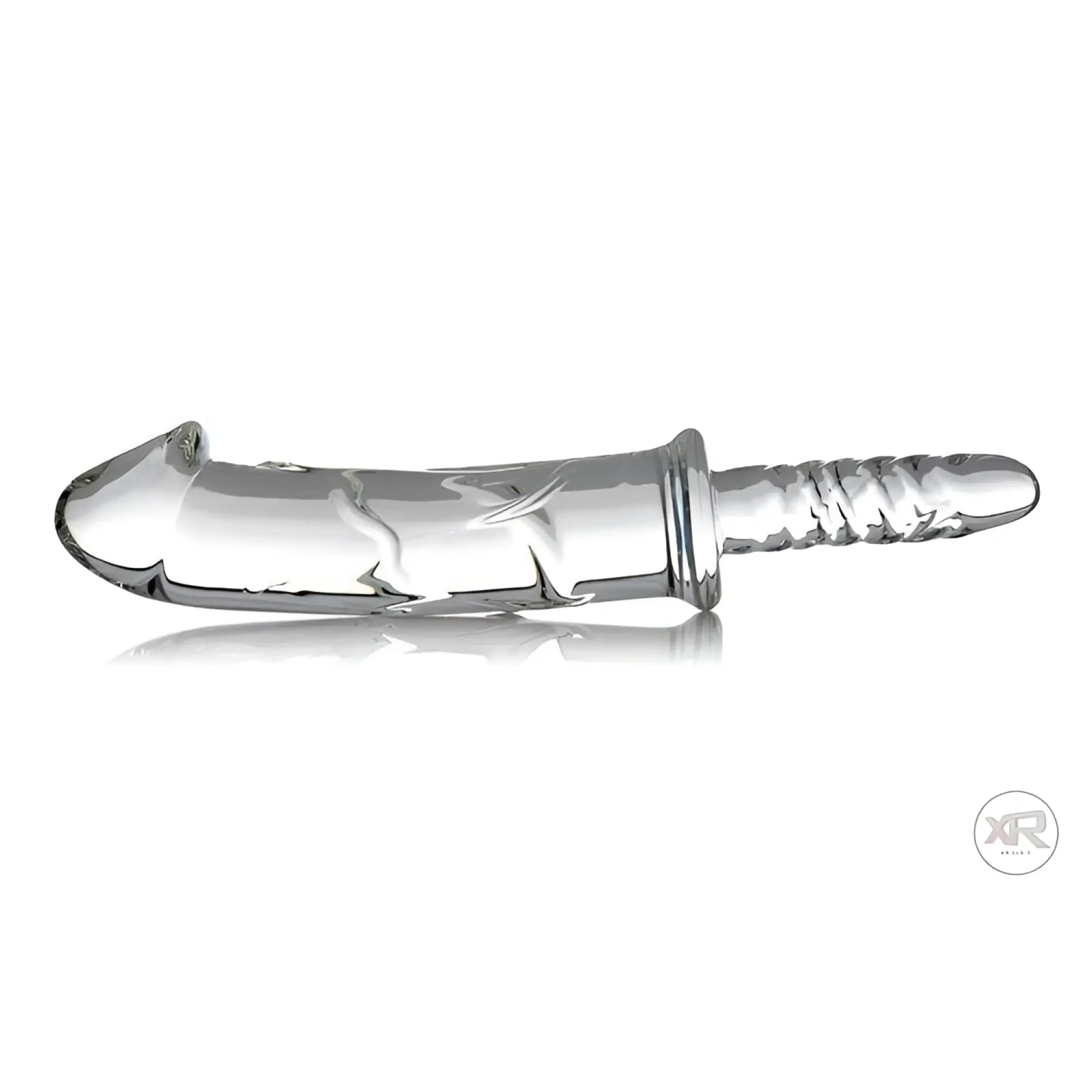 Master Series Battle Rammer: A clear, phallic glass thruster with textured detailing and a flared base on white.