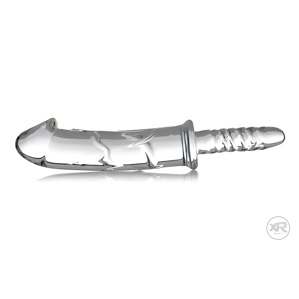 Master Series Battle Rammer clear glass thruster with a textured shaft and phallic head on a white background.