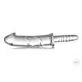 Master Series Battle Rammer clear glass thruster with a textured shaft and phallic head on a white background.