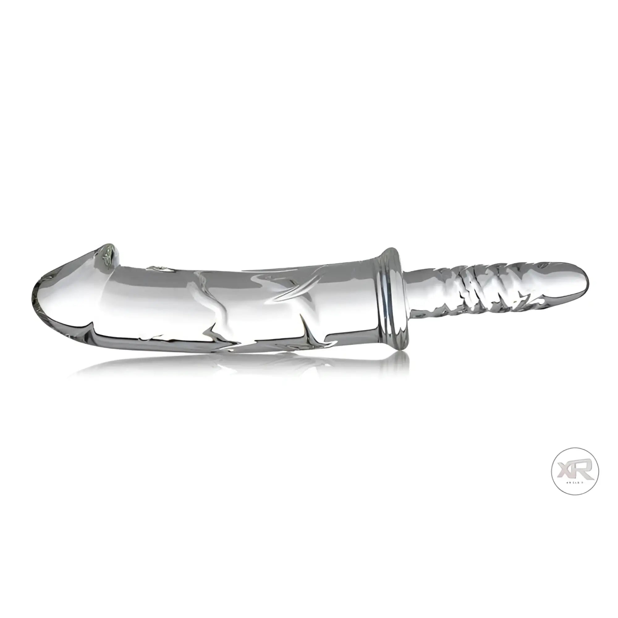 Master Series Battle Rammer clear glass thruster with a textured shaft and phallic head on a white background.