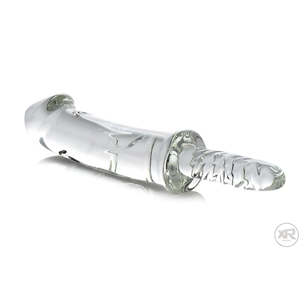 Clear Master Series Battle Rammer glass thruster with a curved, textured phallic design on a white background.