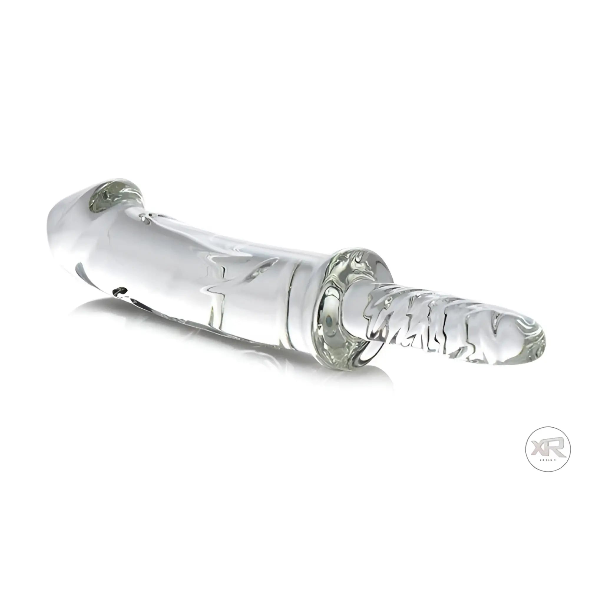 Clear Master Series Battle Rammer glass thruster with a curved, textured phallic design on a white background.