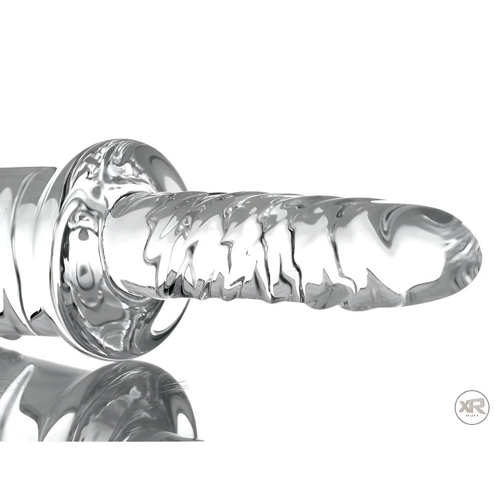 Master Series Battle Rammer: clear, textured glass phallic thruster with a rounded base, shown against a white background.