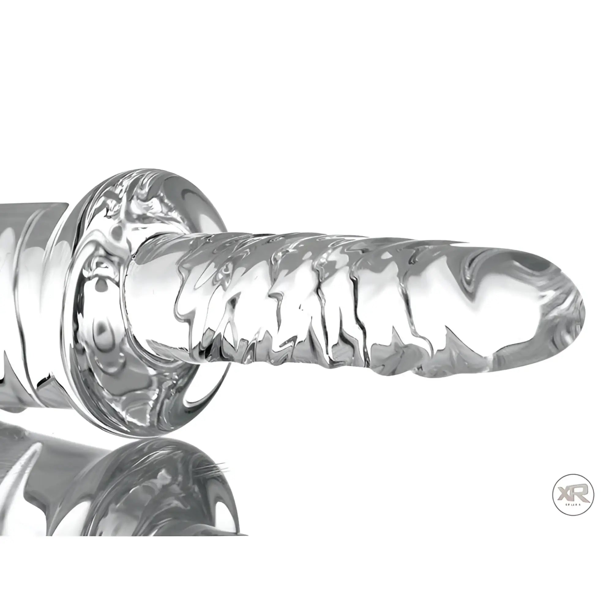 Master Series Battle Rammer: clear, textured glass phallic thruster with a rounded base, shown against a white background.