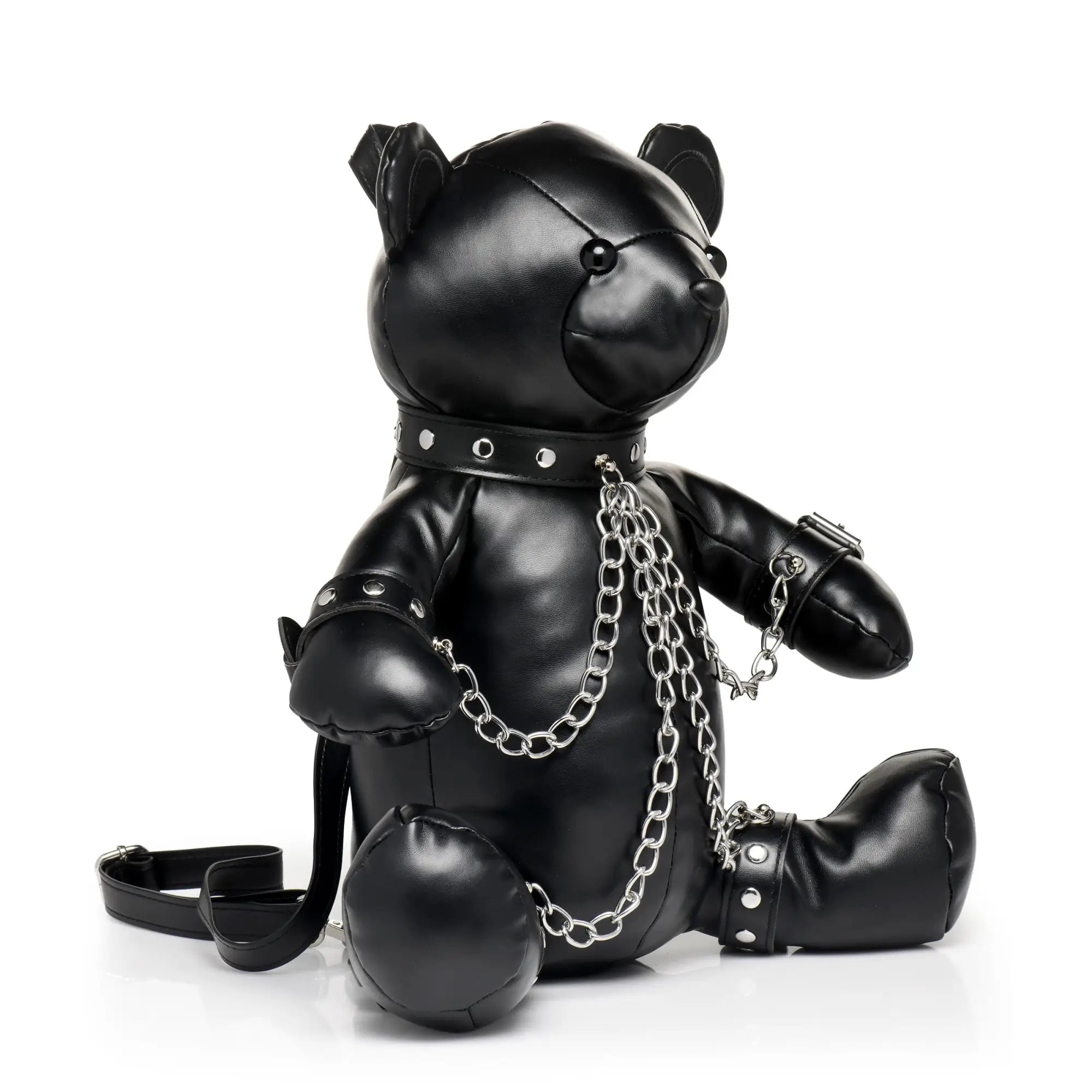 Black Master Series BDSM teddy bear backpack featuring silver chains, studded collar, and wrist/ankle cuffs.