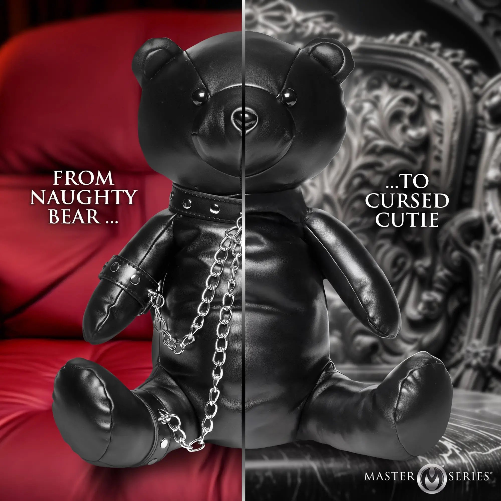 Master Series BDSM Bear Backpack: a black faux-leather teddy bear with metal chain restraints on a split background.