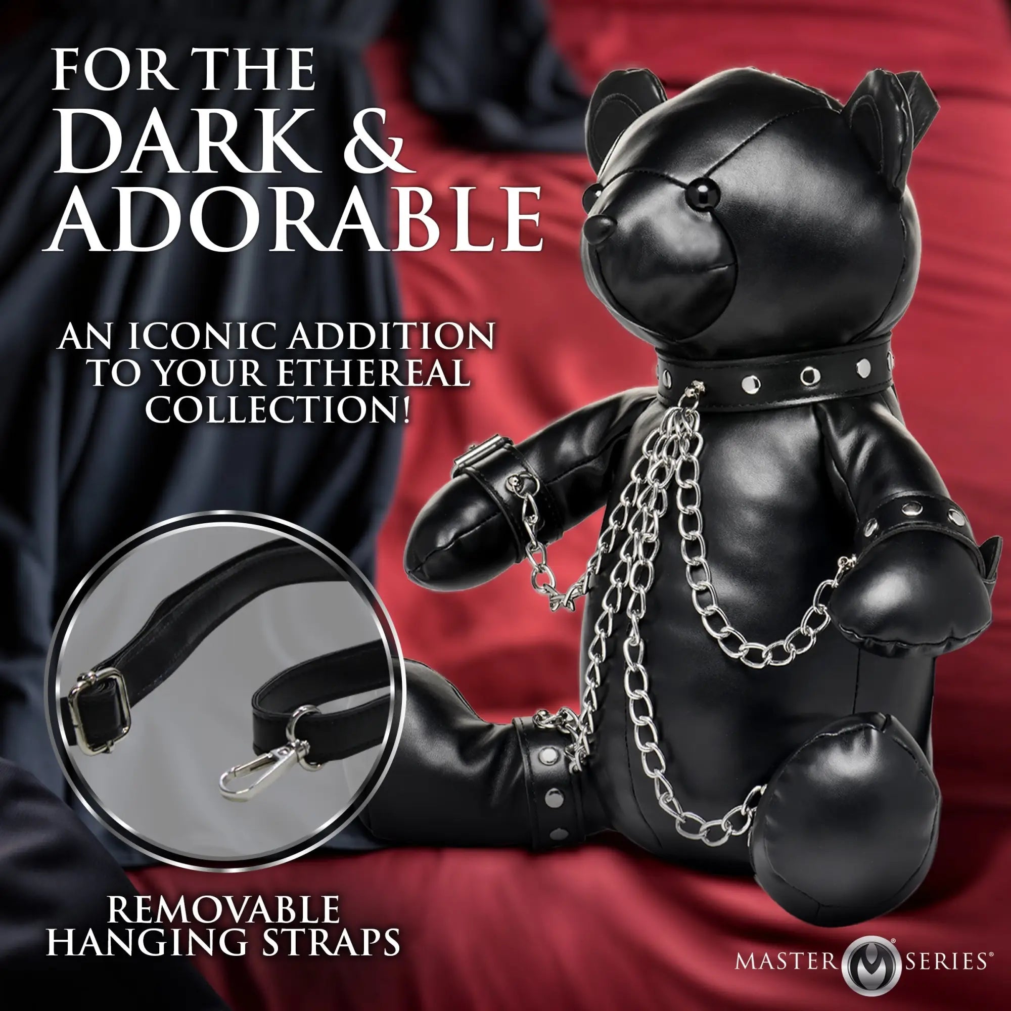 Master Series BDSM black faux leather bear backpack with metal chains, collar, and removable shoulder straps.
