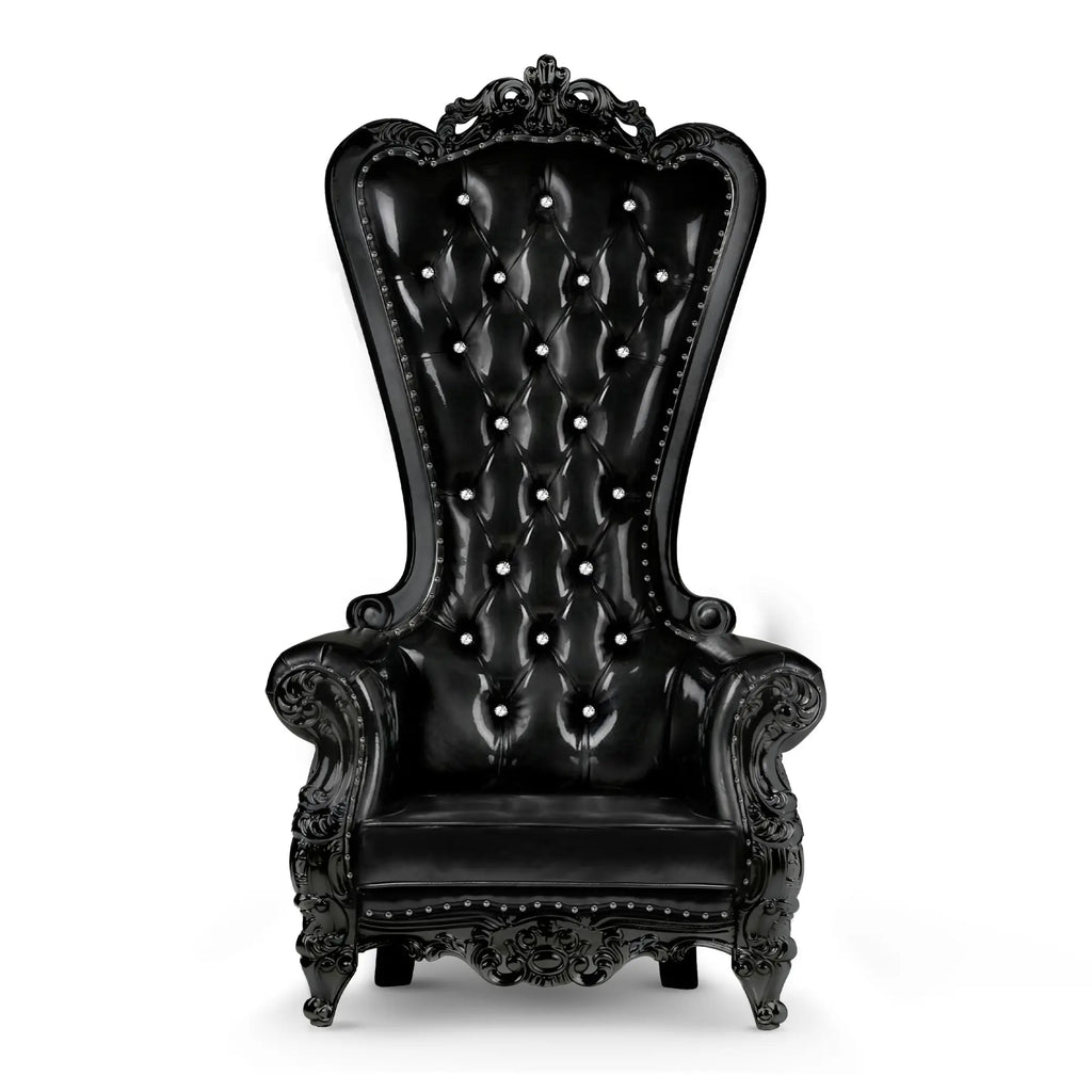 Master Series BDSM Dungeon Chair: Ornate black high-back throne with tufted upholstery and crystal button accents.