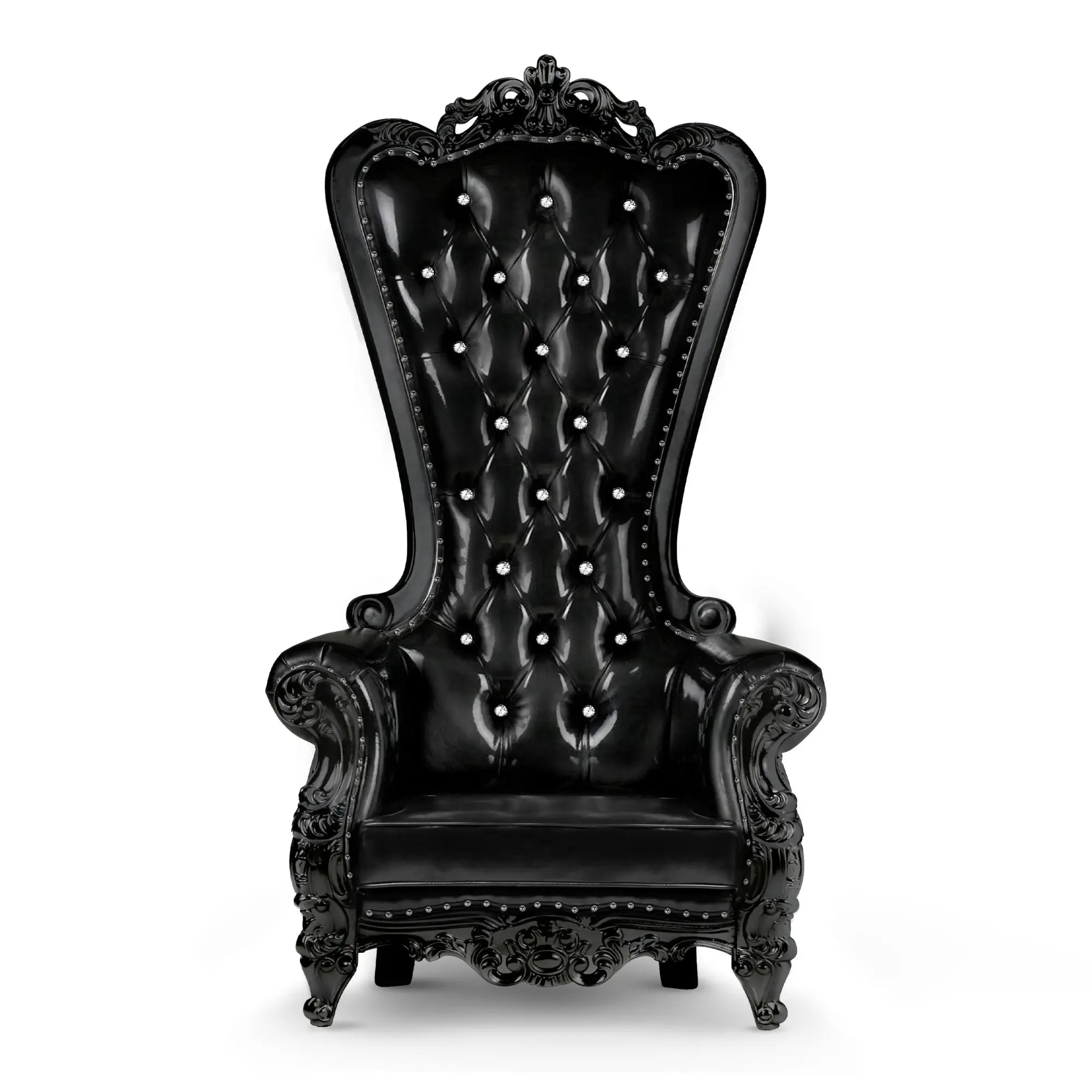 Master Series BDSM Dungeon Chair: Ornate black high-back throne with tufted upholstery and crystal button accents.