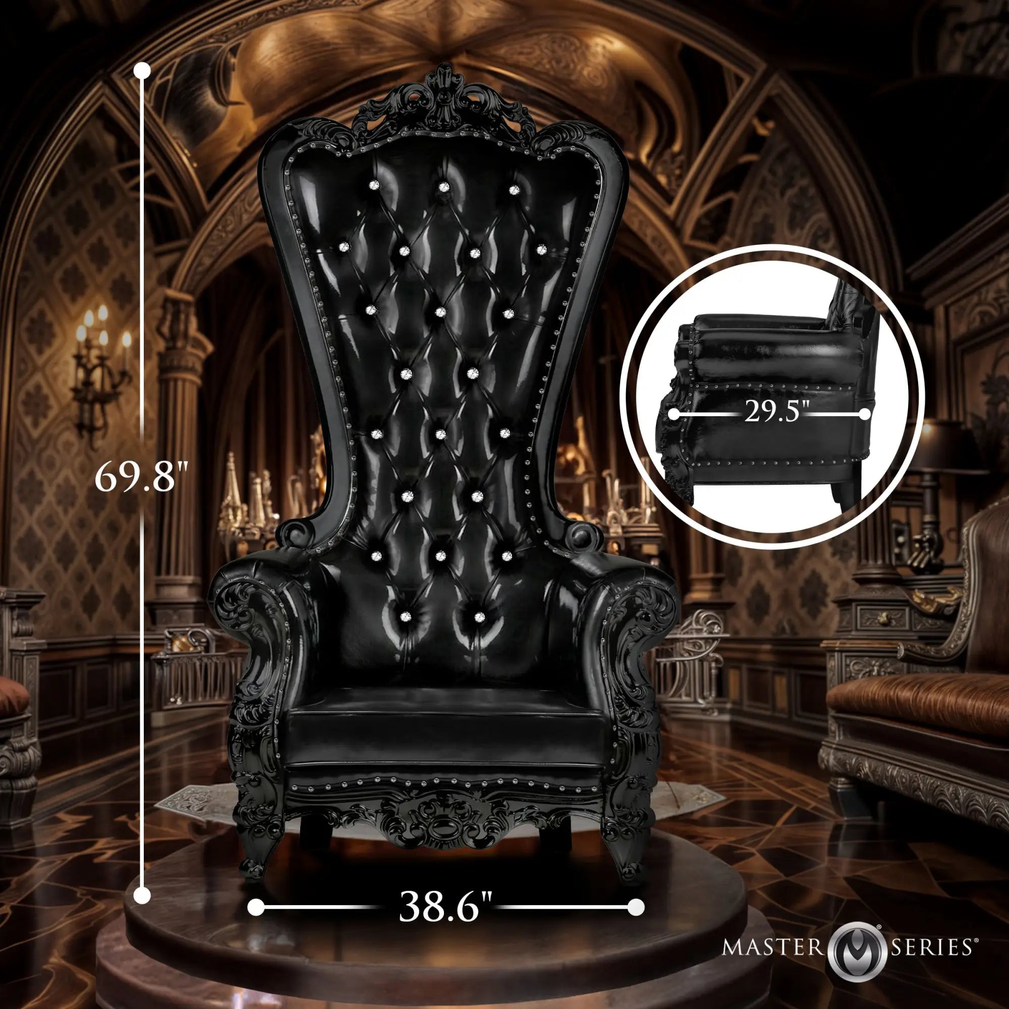Master Series BDSM Dungeon Chair: A tall, black, tufted-style throne chair with crystal accents and labeled dimensions.