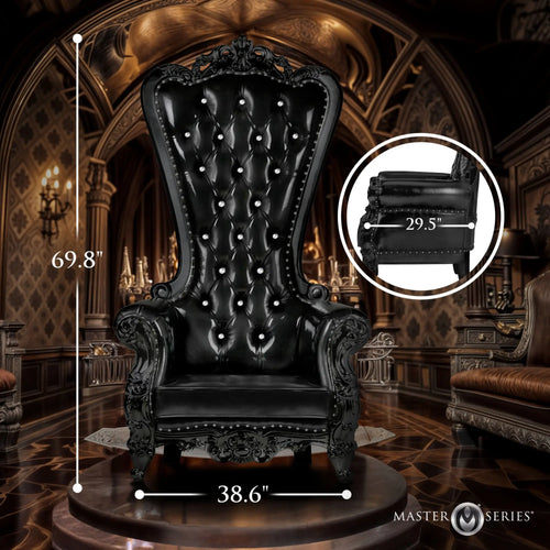 Master Series BDSM Dungeon Chair: A tall, black, tufted-style throne chair with crystal accents and labeled dimensions.