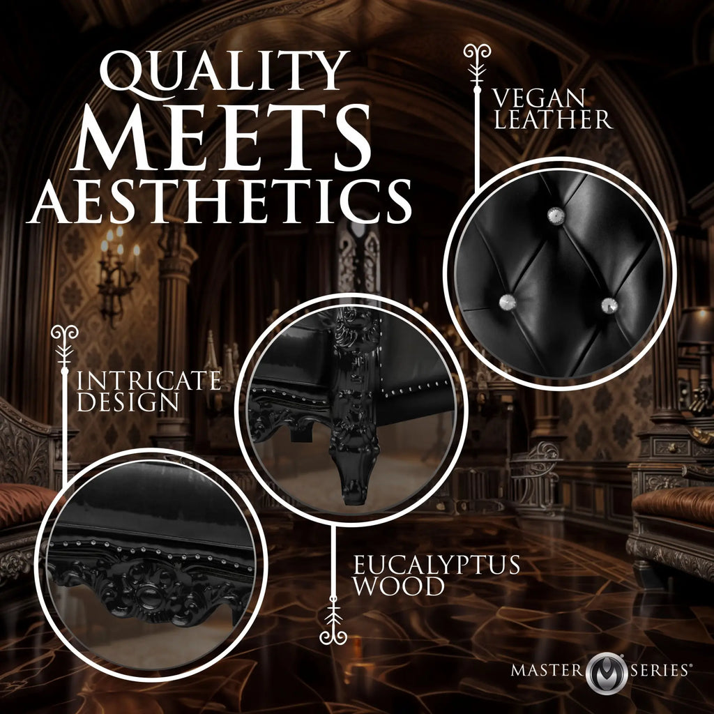 Master Series BDSM Dungeon Chair featuring black tufted vegan leather, intricate carved eucalyptus wood, and accents.