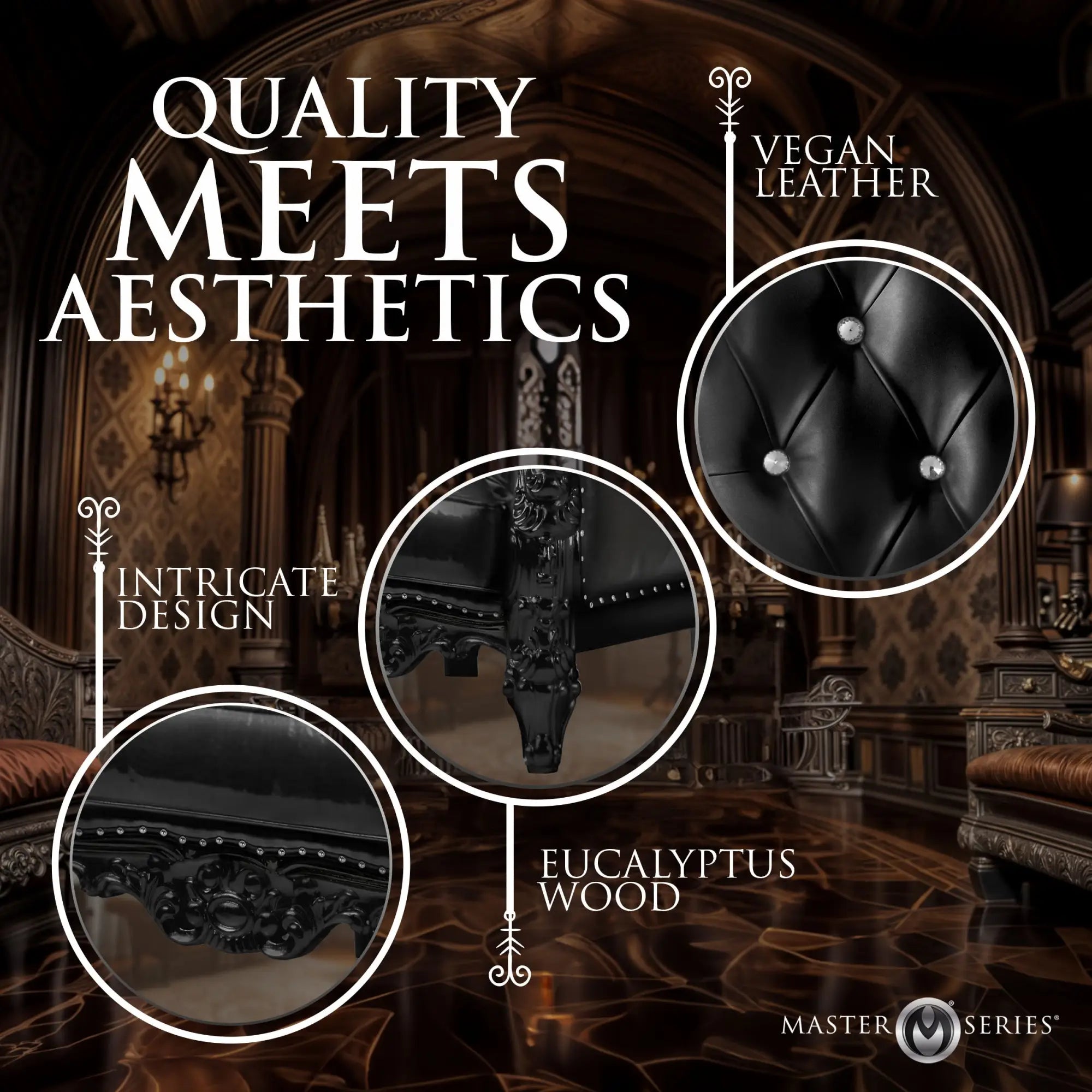 Master Series BDSM Dungeon Chair featuring black tufted vegan leather, intricate carved eucalyptus wood, and accents.